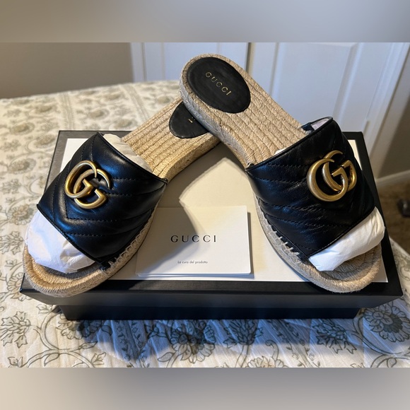 GUCCI GG MARMONT MATELASSE LEATHER BLACK ESPADRILLE SANDAL WOMEN 37 (7 US) - Picture 1 of 9